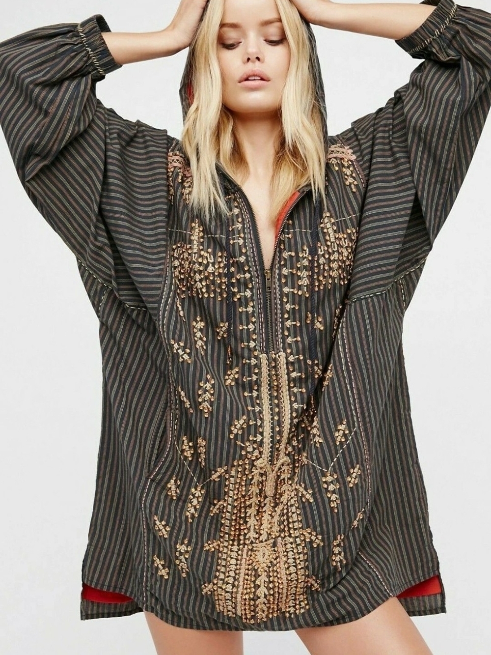 Free People Embroidered Hooded Tunic in Olive Stripe XS/S